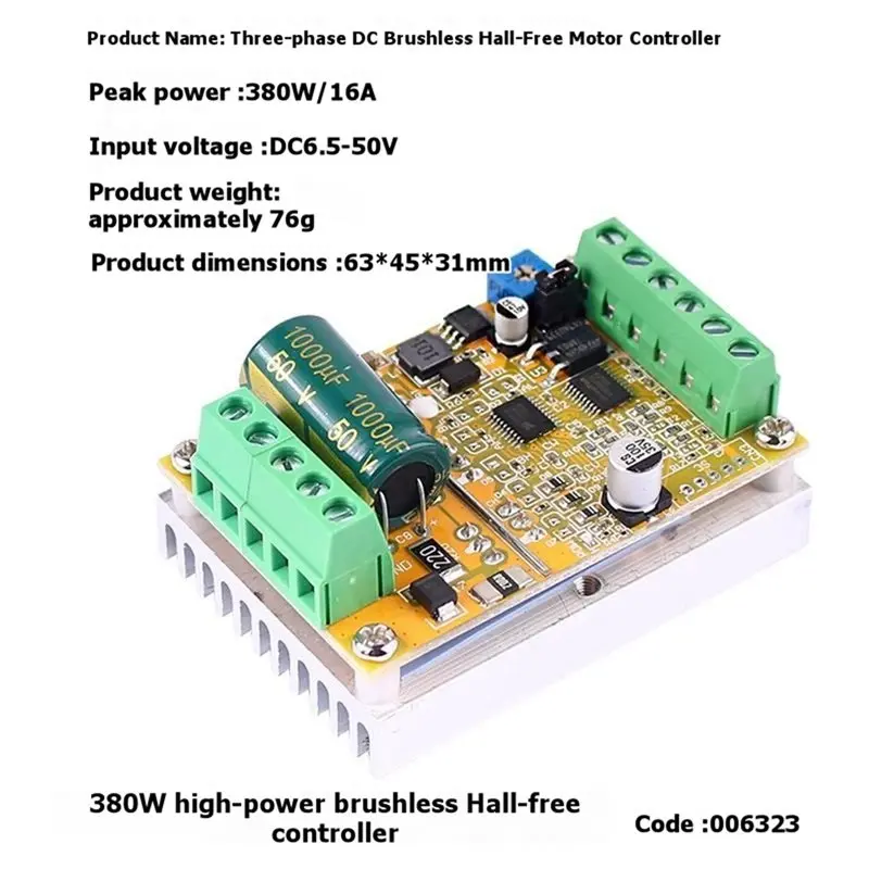 ABKY-PWM Driver Module 380W BLDC 3-Phase Brushless Motor Controller Board No Hall Sensor DC6.5-50V 16A For Electronic Projects