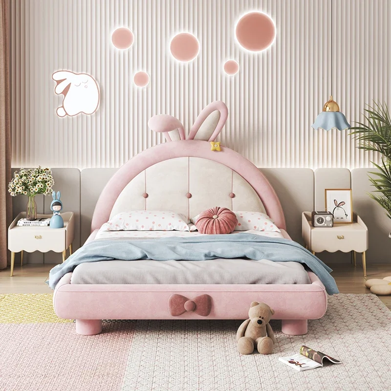 Children's furniture Pink rabbit Children's bed Girls Princess bed Solid wood single bed