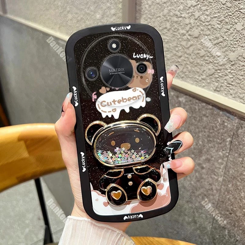 Bear Makeup Mirror Silicone Holder Phone Case For Huawei Honor X50 X40 X30 X50i X40i X20 X10 V30 V40 Magic 5Pro 5Lite 5 3 Cover