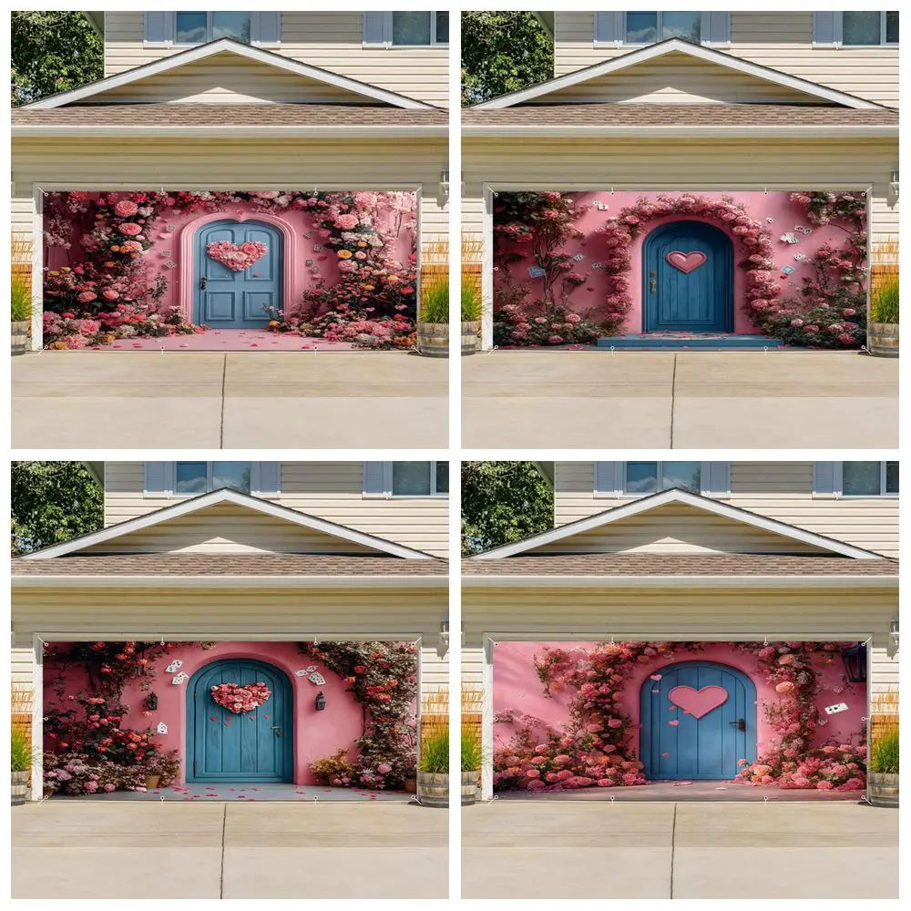 Valentine's Day Banner Garage Door Decoration Rose Flowers Wood Door Backdrop Family Party Big Hanging Photography Background