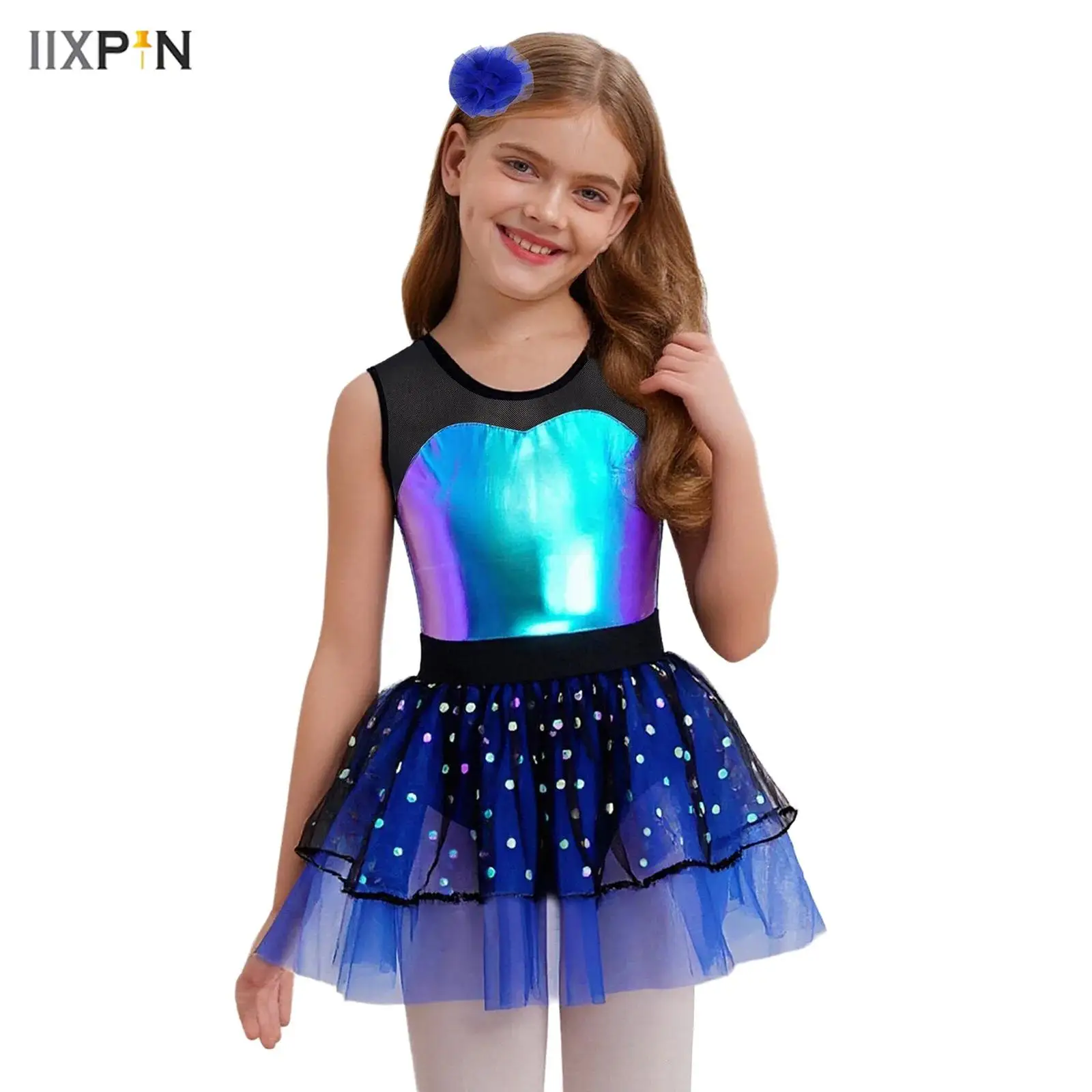 

Детское джазовое балетное платье для девочек, прозрачное сетчатое лоскутное платье-пачка с металлическим лифом и тюлем + головной убор, 2 шт., одежда для бальных танцев