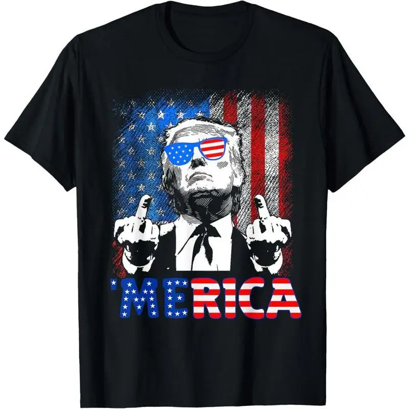 

Funny Trump Graphic Print Shirts 4th Of July Merica American Flag Sunglasses T-Shirt