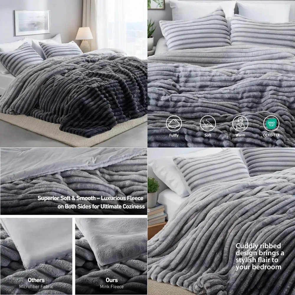 

King Size Grey Ombre Fluffy Ribbed Comforter Set with Plush Fleece Bedding and Warm Fuzzy Mattress