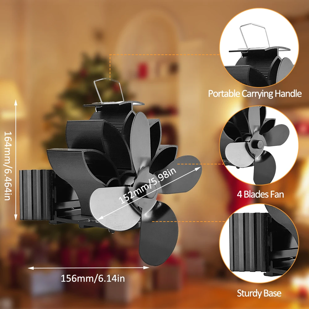 Wood Stove Fan Heat Powered Non-Electric Lotus Shaped Heat Distribution 4-Blade Silent Flue Pipe Hanging Fireplace Fan with Magn