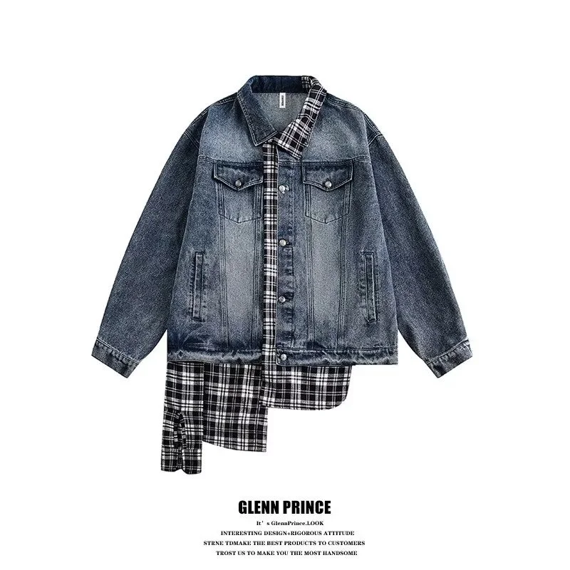 

GIOIOMen's джинсовая куртка, весна и осень 2022, новая клетчатая лоскутная асимметричная джинсовая мужская куртка из двух частей