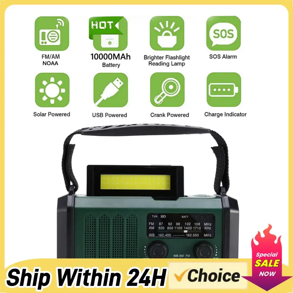 

Портативное радио AM/FM/WB с фонариком, функцией SOS, светодиодной подсветкой, солнечной и ручной зарядкой, зарядкой для телефона и функцией повербанка.