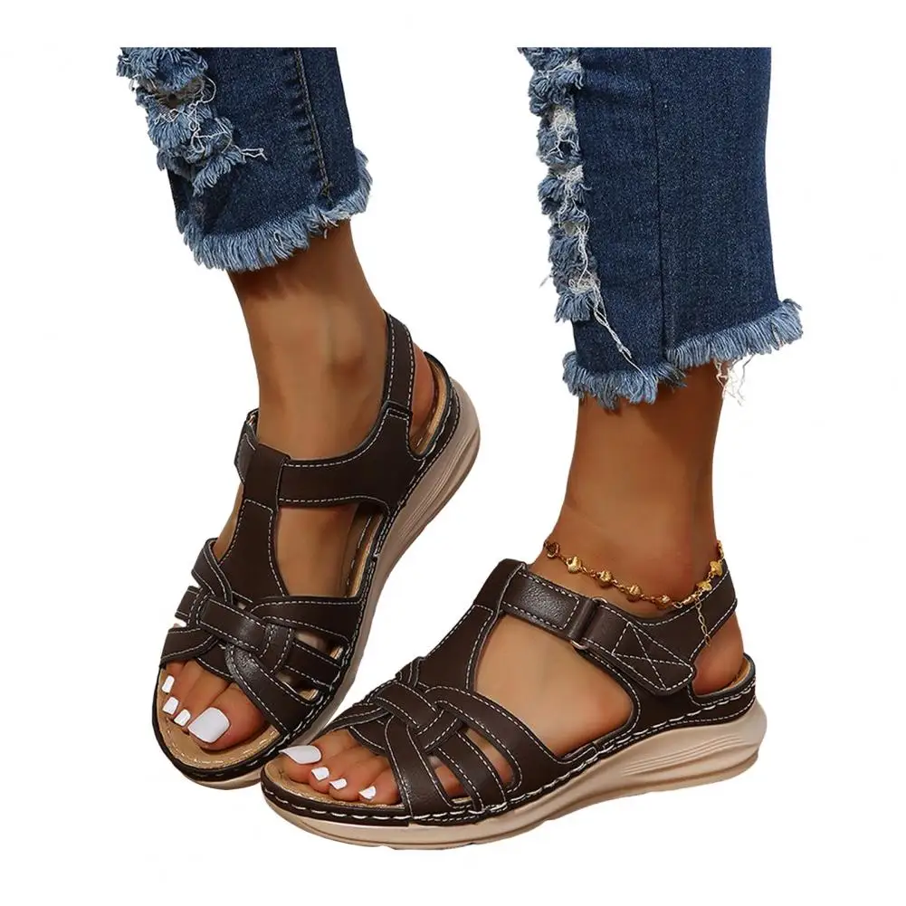 Women Solid Color Sandals Trendy Open-toe Shoes Women’s Athletic Sandals with Arch Support Faux Leather Outdoor Wedge Sandals