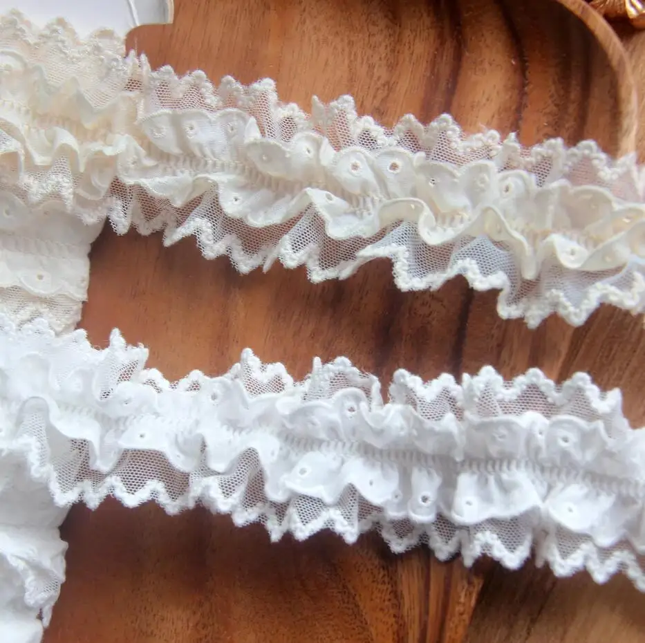 New 5cm 1yards/lot Customized Black/White/Beige Mesh and Cotton Lace 2Layer 3D Pleated Lace Trim Materials X002