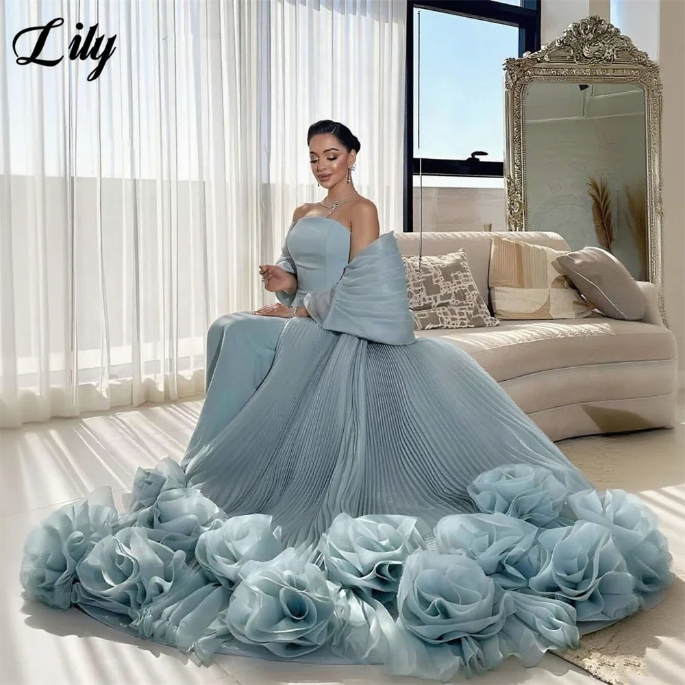 

Lily Dusty Blue Tull Party Dresses Strapless Evening Dresses Pleated فساتين السهرة with Floral 3D Flowers Customized