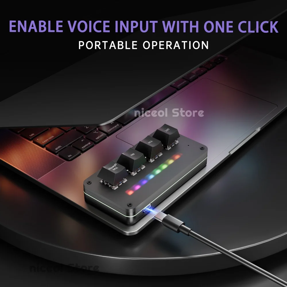 4-Key Voice Input Mini Shortcut Keypad One-Click Speech to Text 2.4G Wireless USB-C RGB Backlit Office Keyboard