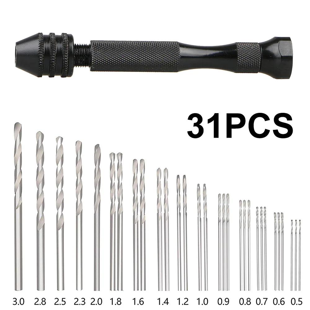 31PCS Precision Pin Vise Hobby Drill Bits Mini Hand Rotary Tools Set  0.5mm 0.6mm 0.7mm 0.8mm 0.9mm 1mm 1.2mm 1.4mm