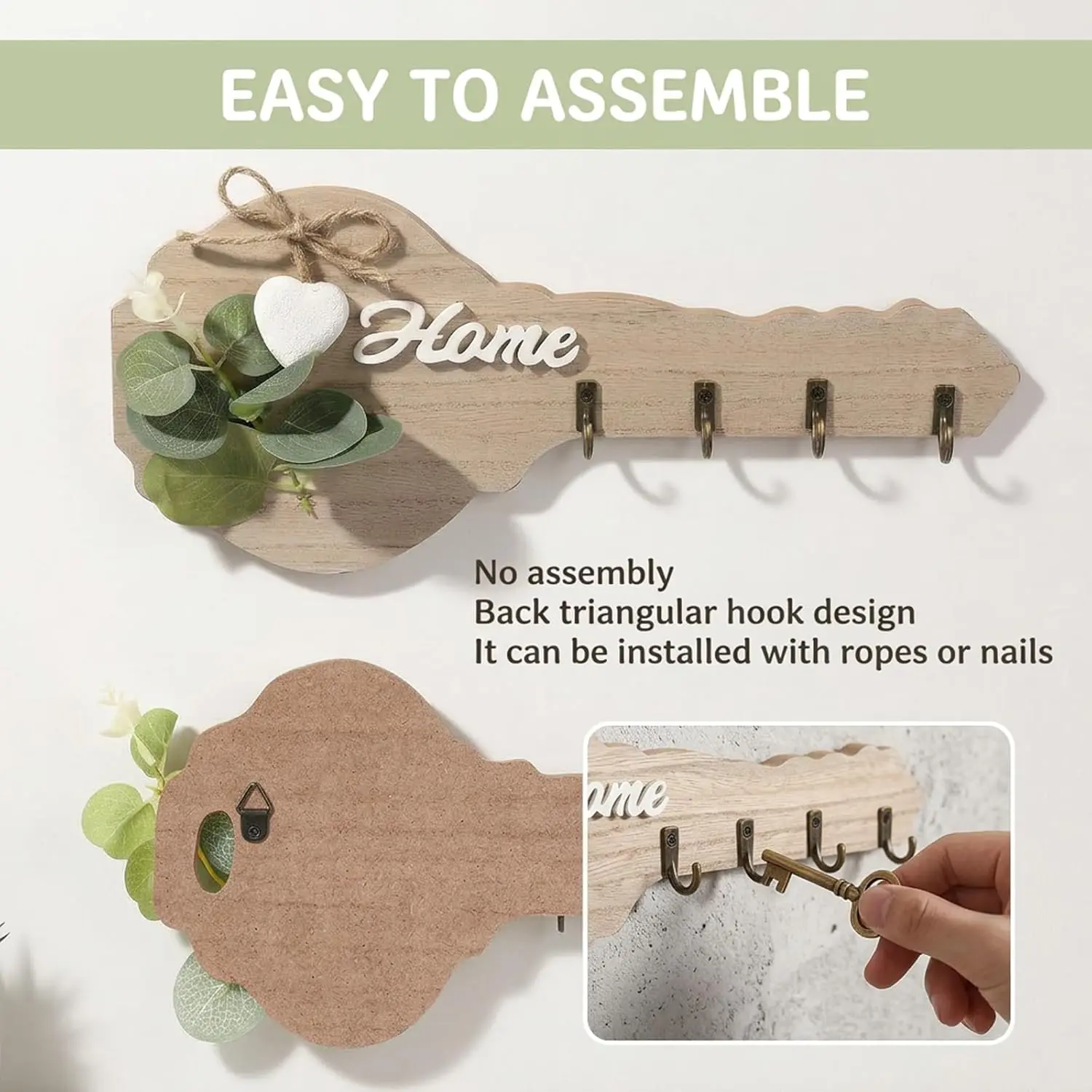 Rustic Wooden Home Key Holder Wall Decor with Heart Accent & 4 Hooks, Wall Mount Entryway Organizer for Keys Coats Bags Hats