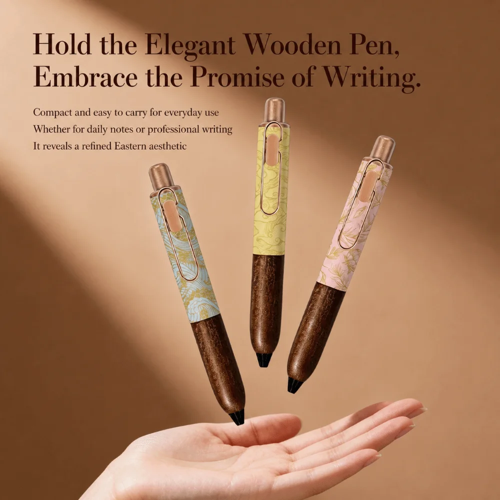 Durable Wood Chubby Gel Pen Vintage Floral Printed Smooth Writing Signature Pen Neutral Pen Students