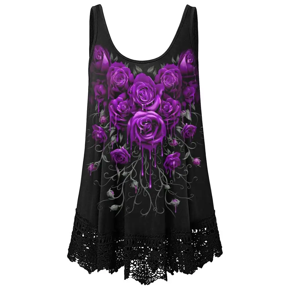 Plus Size L-5XL Tops Women Vest Dark Rose Printed Lace Stitching Loose Camisole Summer New Casual Sleeveless Gothic Tank Female