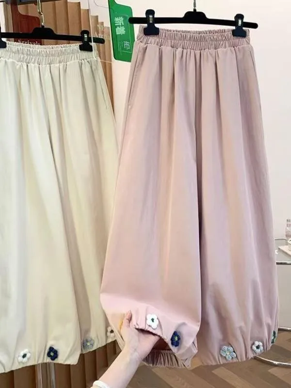 Summer 2026 High Waist Draped Floral Hook Sweet Forest Style Nine-Piece Casual Pants Women's Polyester Cotton Blend Wide Leg