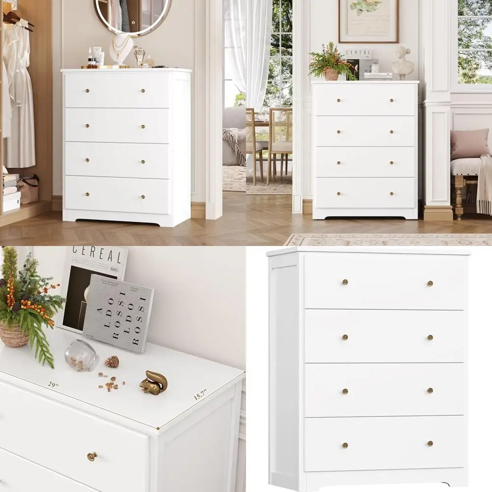 

Белый комод с 4 ящиками для гостиной, прихожей или домашнего офиса, отделка цвета слоновой кости