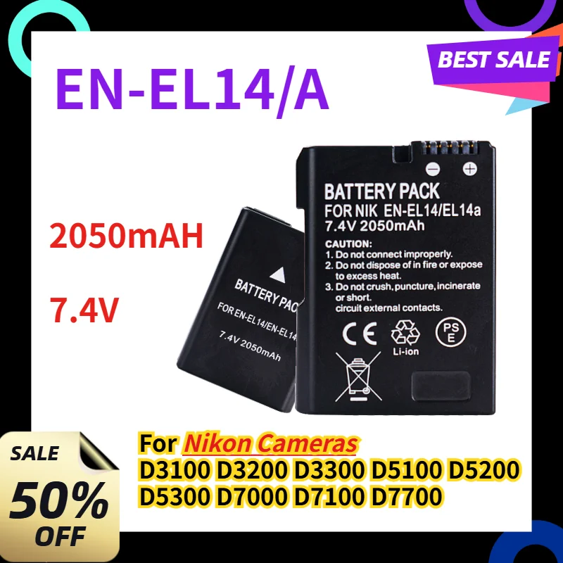 EN-EL14/A 2050mAH 7.4V Battery Suitable for Nikon Cameras D3100 D3200 D3300 D5100 D5200 D5300 D7000 D7100 D7700