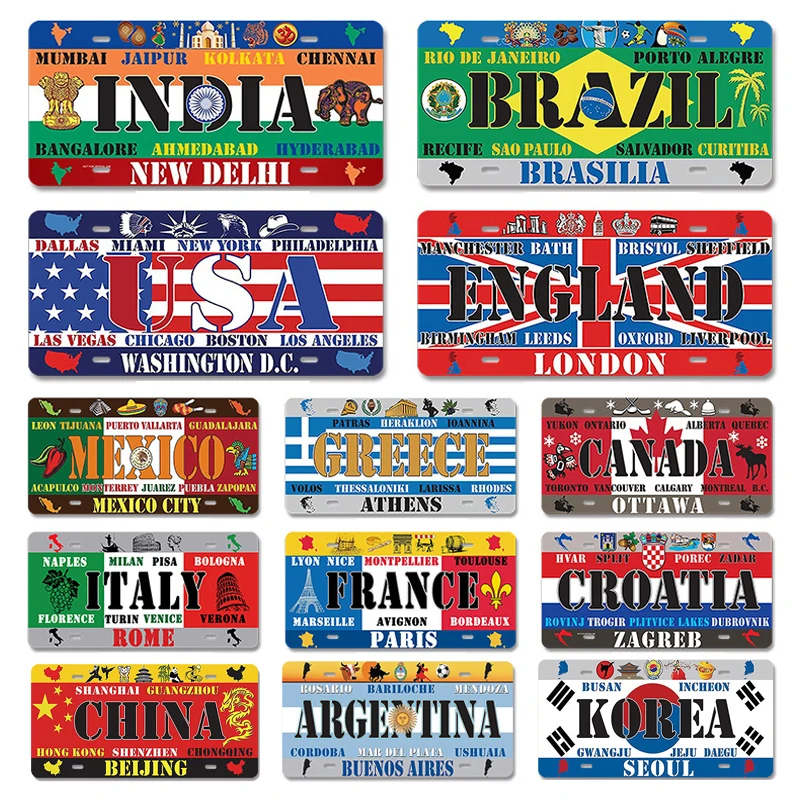 Country Name Flag License Plate Sign Shabby Metal Tin Plate Bar Cafe Garage Wall Stickers Man Cave Sign Tinplate Plaques Decor