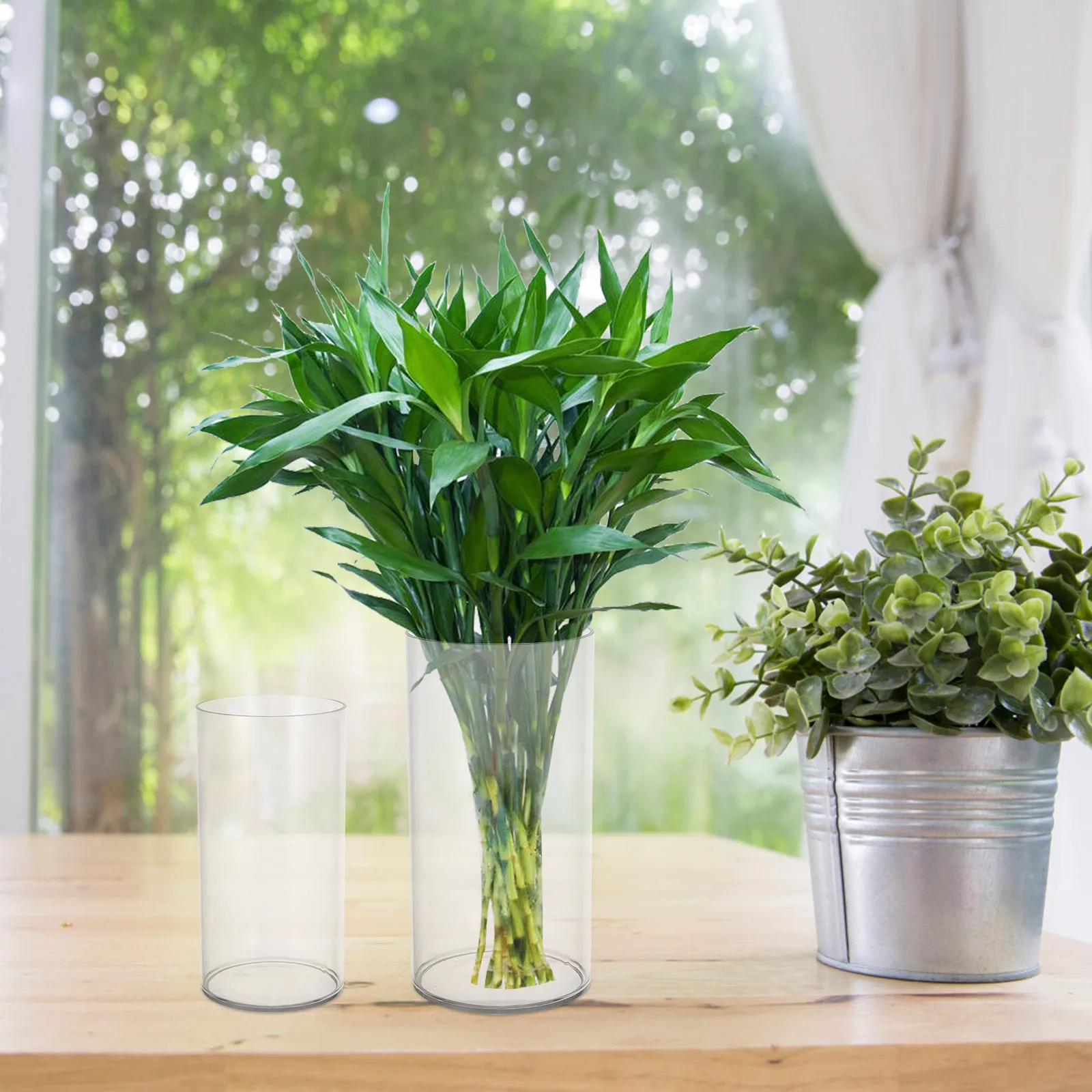 

2Pcs Transparent Cylinder Plastic Flower Vase Modern Design Break-Resistant Decorative Vase for Flower Arrangements Table