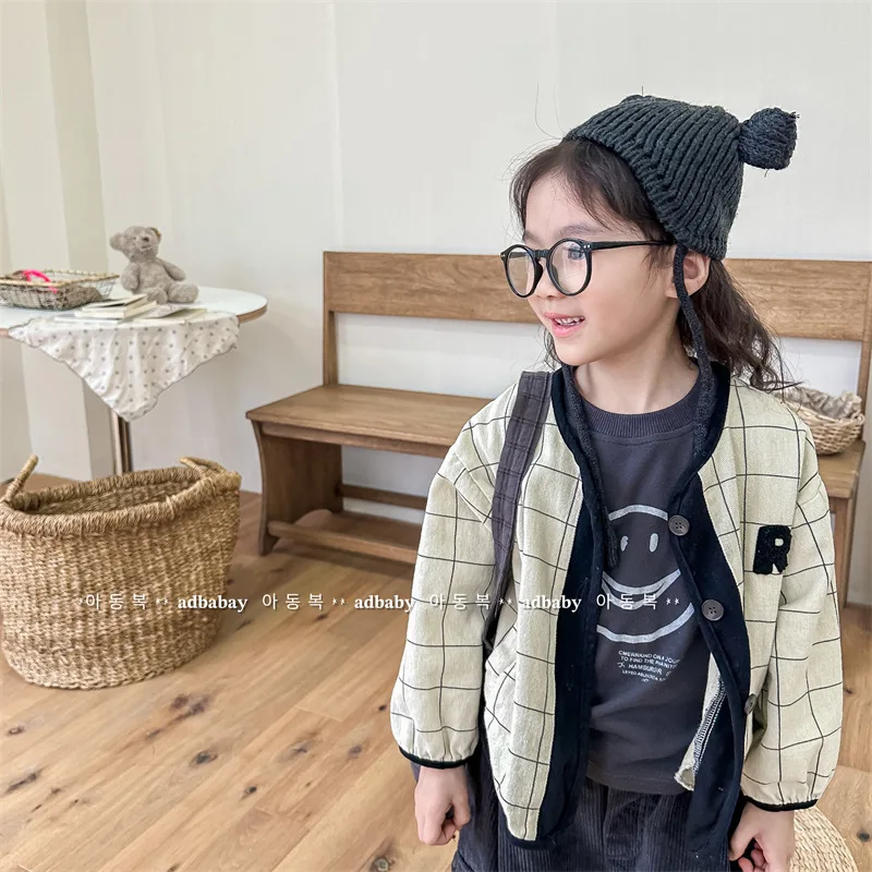 Autumn Children Letter Print Coat Boys Girls Long Sleeve Plaid Jacket Cotton Baby Casual Cardigan Tops Fashion Kids Clothes 1-8Y