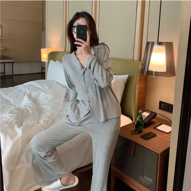 Women\'s Pajamas Gray Black Casual Homewear V-Neck Comfort Pajamas 2 Piece Set Soft Cotton Long-Sleeved Sleepwear Suit Nightwear