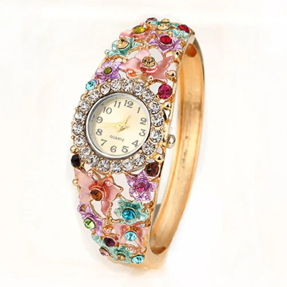 Hot Sales Women\'s Flower Butterfly Dress Watch Round Dial Rhinestone Bracelet Wristwatch