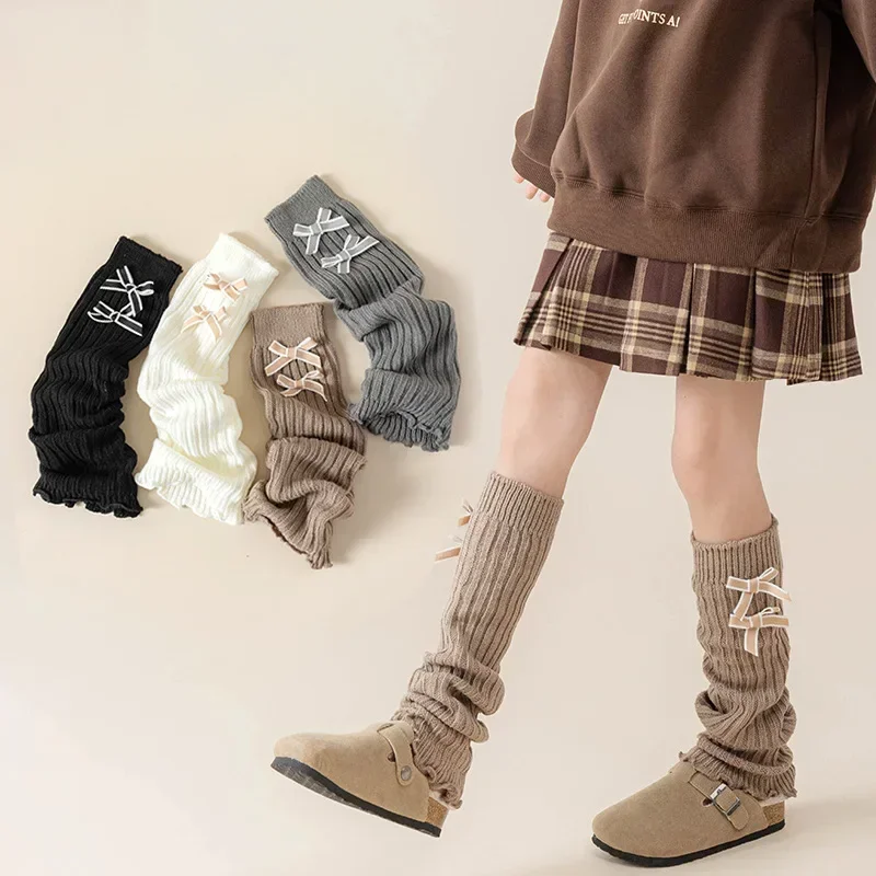 Korean Sweet Calf Sock for Kids Girl Fashion Bow Solid Color Children's Pile Sock Soft Cotton Autumn Leg Warmers Stacking Socks