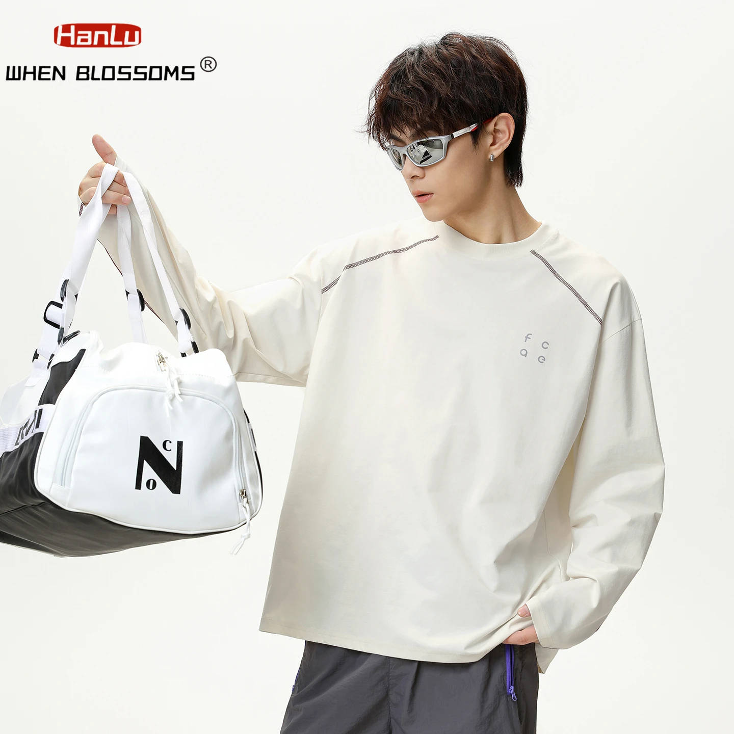 HANGLU 2025 Men's UV Protection Long Sleeve Tee Color Block Raglan Breathable Workout Shirt Contrast Stitch Streetwear Top
