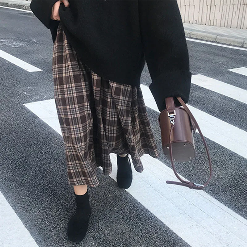 موضة منقوشة التنانير للنساء الخريف الشتاء عالية الخصر Vintage ملابس أنيقة النساء ألف خط ميدي التنانير الإناث ملابس غير رسمية جديد #3