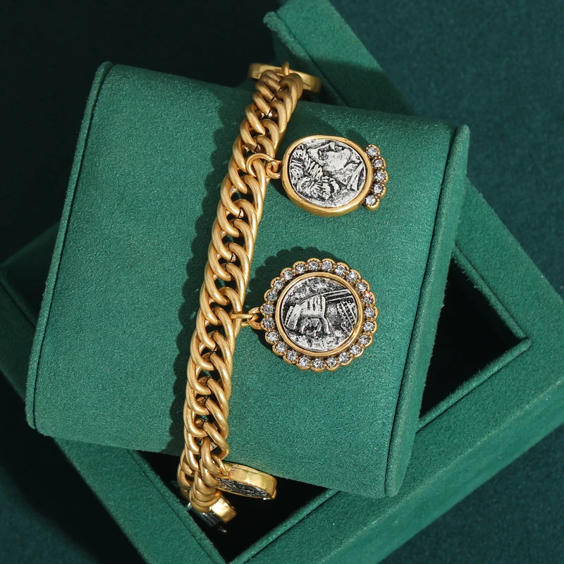

Vintage Avatar Coin Antique Chain Bracelets With Designer Charms Gold Color Links Accessories For Women Luxury Dubai Jewelry