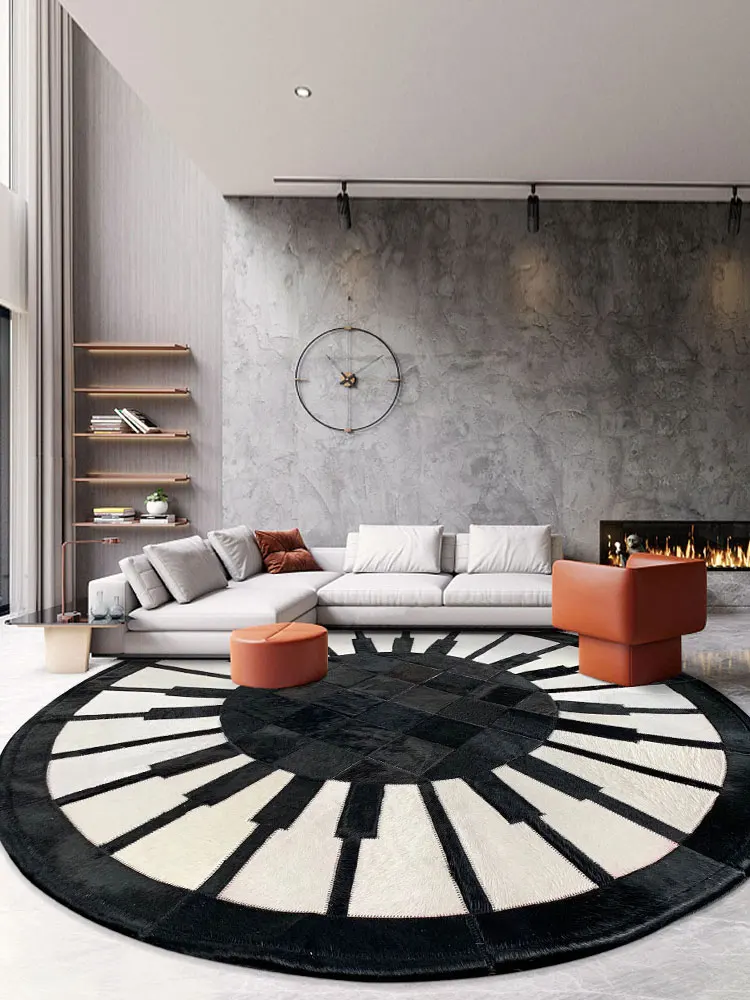 

Handmade Cowhide Black White Round Carpet Real Cow Leather Patchwork Round Rug Living Room Bedroom Light Luxury Cloakroom Mat