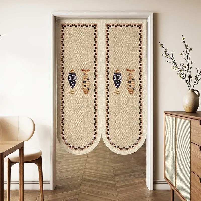 Japanese Retro Small Fish Door Curtain Enjoy Life Text Print Curved Hem Home Use No Punching Room Cover Decorative Curtain