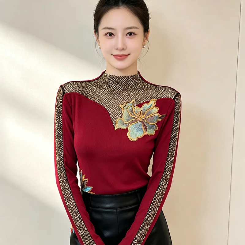 MadBlack-Women European T-Shirt, Sexy Mock Neck Diamond Embroidery, Vintage Long Sleeve Slim M-3XL Tee, 2026 Autumn New T6O814CC