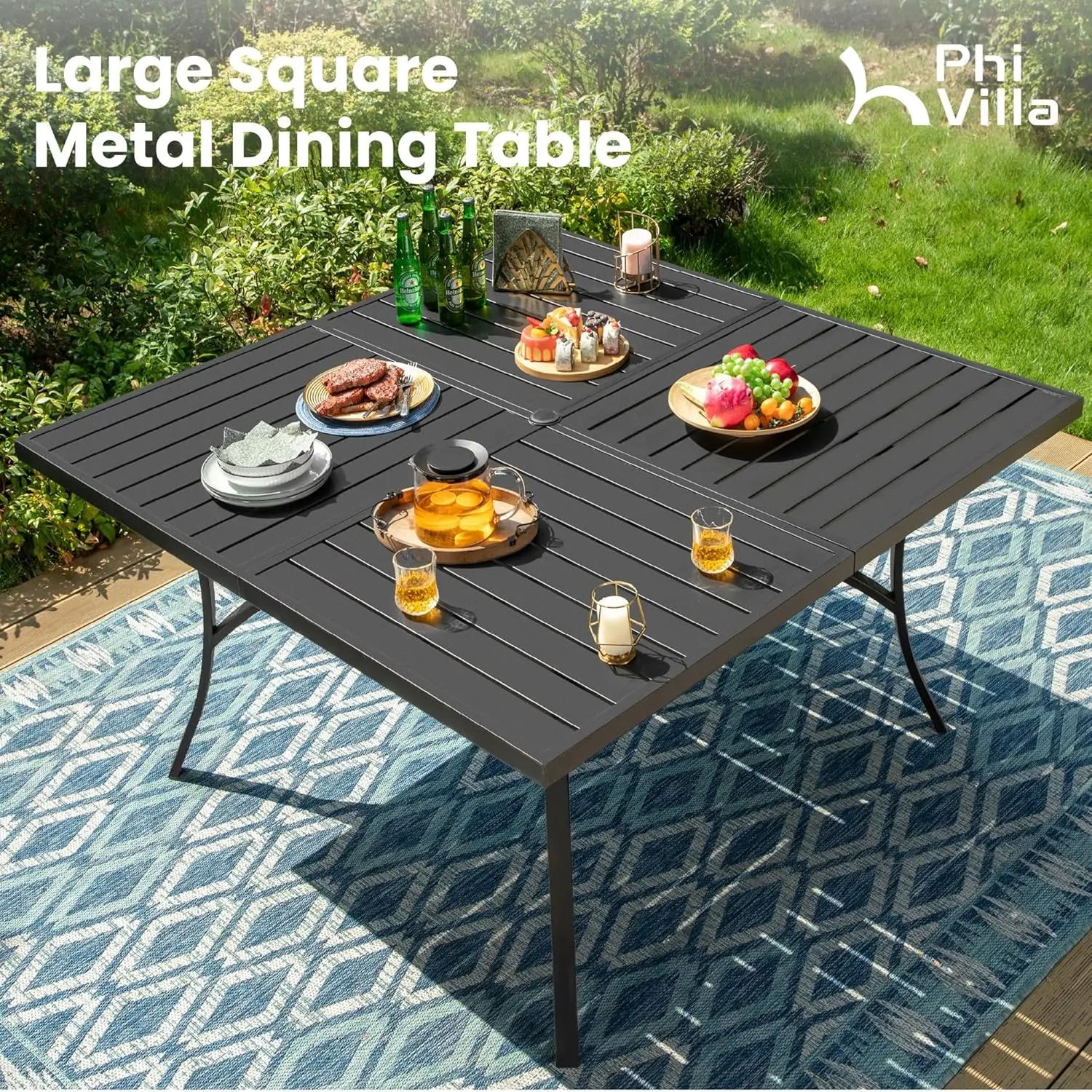 9 Pcs Patio Dining Set with Large Square Metal Dining Table & 8 Outdoor Padded Textilene Fabric Swivel Dining Chairs