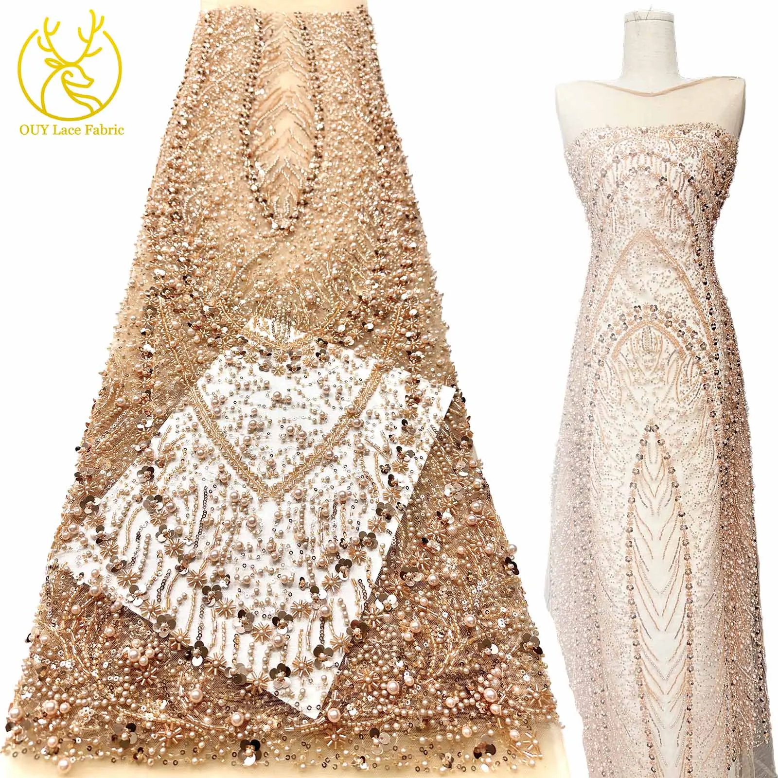 

2025 Luxury African Heavy Beaded Groom Lace Fabric 5 yards Nigerian French Sequin Lace Fabric for Ladies Wedding Dress Material