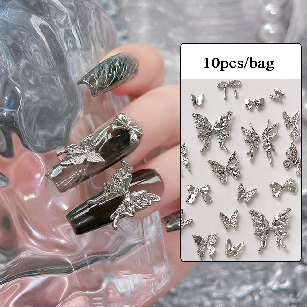 10Pcs 3D Silver Gold Bowknot Shaped Nail Charms Metal Alloy Heart Nail Art Rhinestones Manicure Jewelry For DIY Nail Accessories