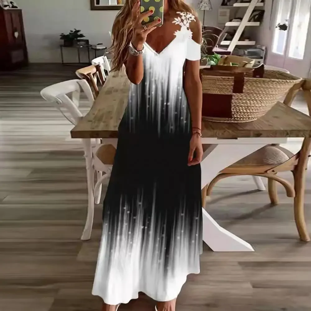 

2022 New Summer Off Shoulder Sexy Summer Dress V Neck Short A Line Sleeve Long Dress Women's Beach Party Long Dress