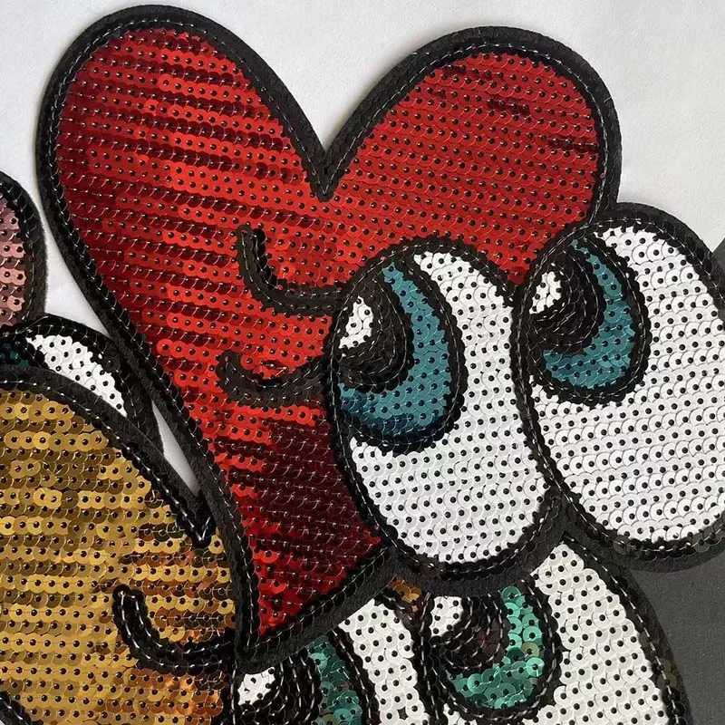 17*16CM,Cartoon Iron On Patch Heart-shaped Eye Sequin Applique Embroidery Patch Thermocollant Clothes Stickers For Clothing