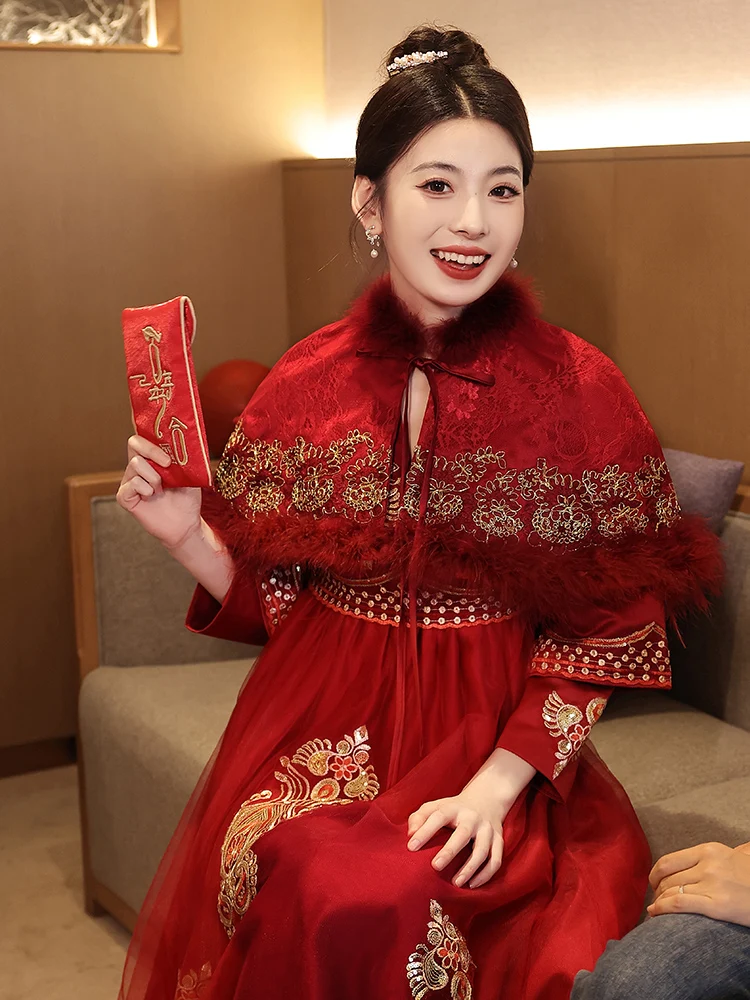 

Winter Wedding Dr High Waist Materni Qipao Two-Way Wear New Bride Gongfu Suit Long Evening Gown Ele Embroidered