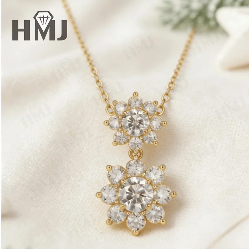 

Sun Double-Flower Necklace D Color Round Moissanite Diamond S925 Silver Plated Dainty Chain for Enegament Party Daily Perfect