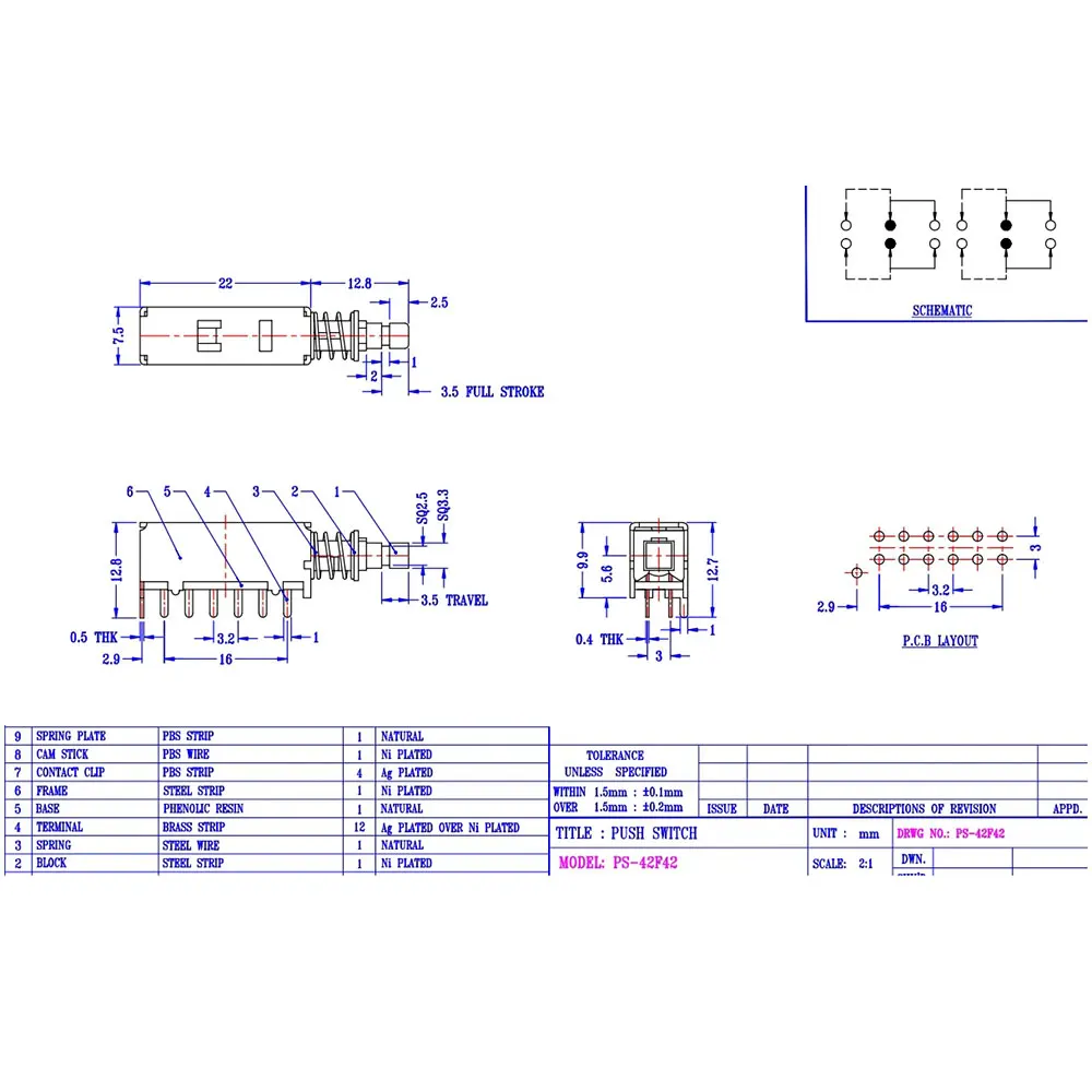 1PCS 12Pin Right Angle PCB Latching Push Button Switch DPDT Double Pole Self/No-Locking Key PS42F42 Power Switches