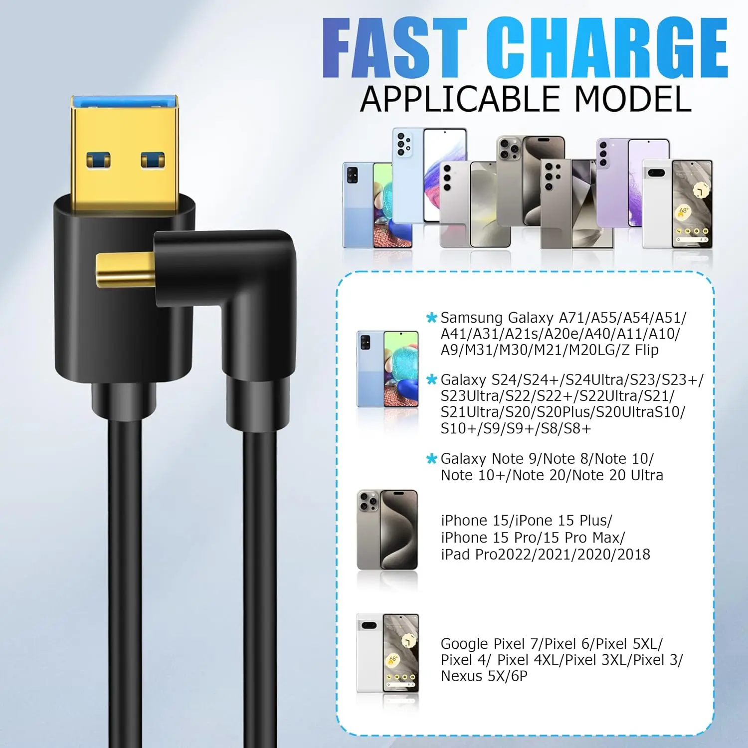 JavicTech 90 Degree USB Type C Cable USB 3.0 A to USB C Up & Down Angle Fast Charge Cord Compatible with Notebook, PC, Tablet