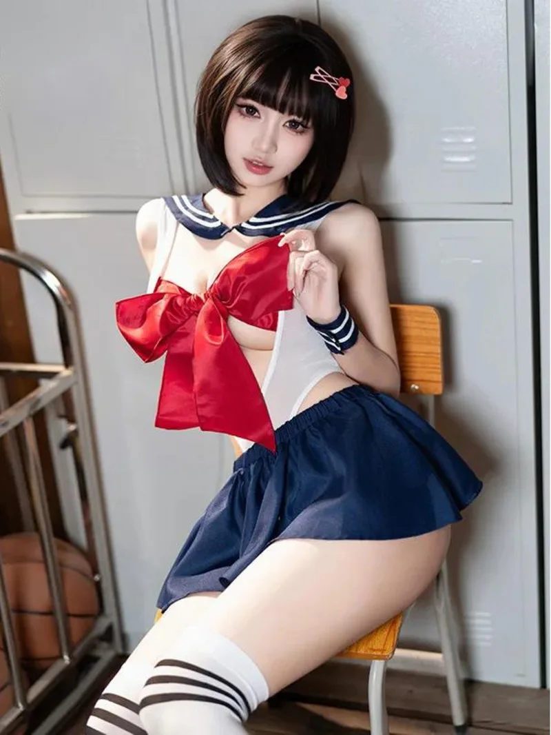 

Preppy Style Butterfly Detachable Open Chest Buttocks Tights Bodysuit Uniform Two Piece Skirt JK Set Sexy Pure Desire Set O4VD