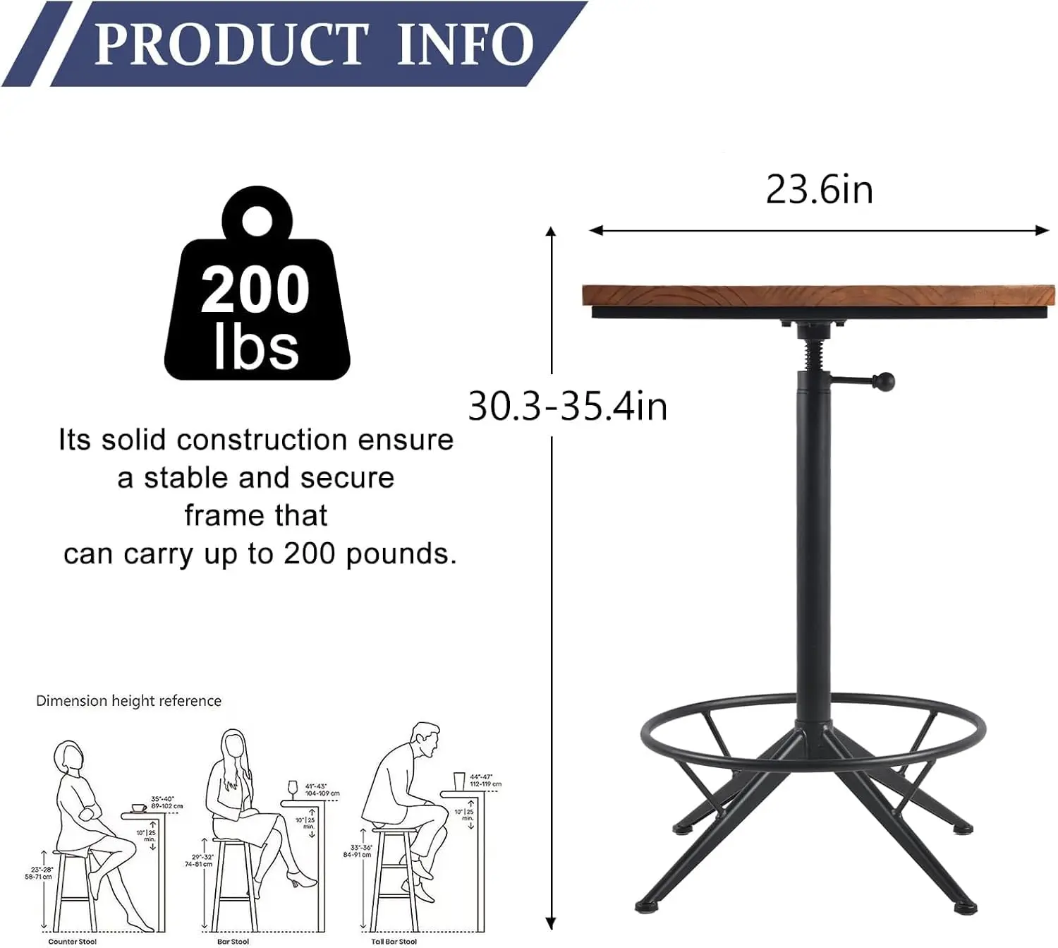 3 Piece Industrial Bar Table and Stool Set, Vintage Square Pub Bistro Table with 2 Adjustable Height Bar Stools with Backrest