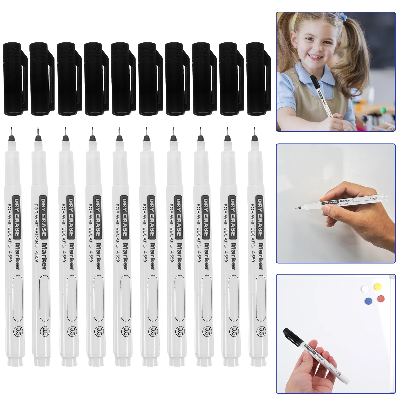 White Board Easy to Write and Erase Fine Tip Whiteboard Pen Dry Marker (black 05mm) 10pcs Classroom Plastic Teacher