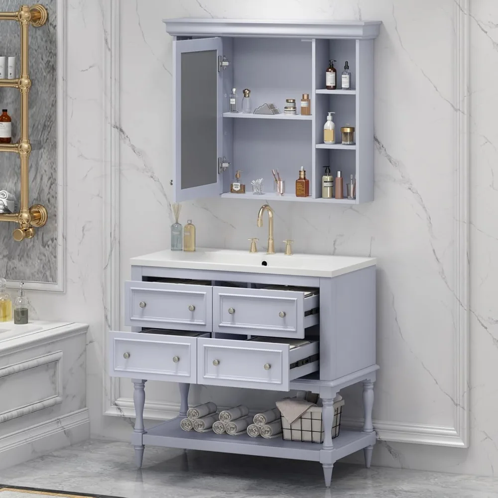 Mirror Cabinets, 36 Inch Bathroom Vanity Mirror Cabinet Set with Resin Sink, Free Standing Bathroom, Mirror Cabinets