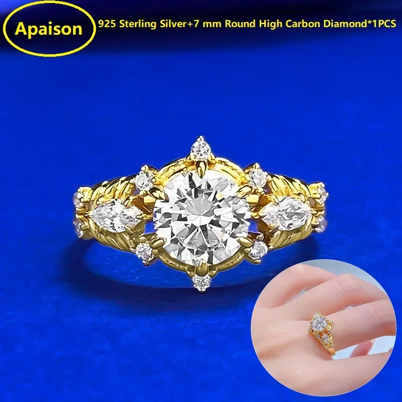 Apaison 7 mm High Carbon Diamond Rings For Women Wedding Engagement Party Gold Plated Ring Female Jewelry Gift
