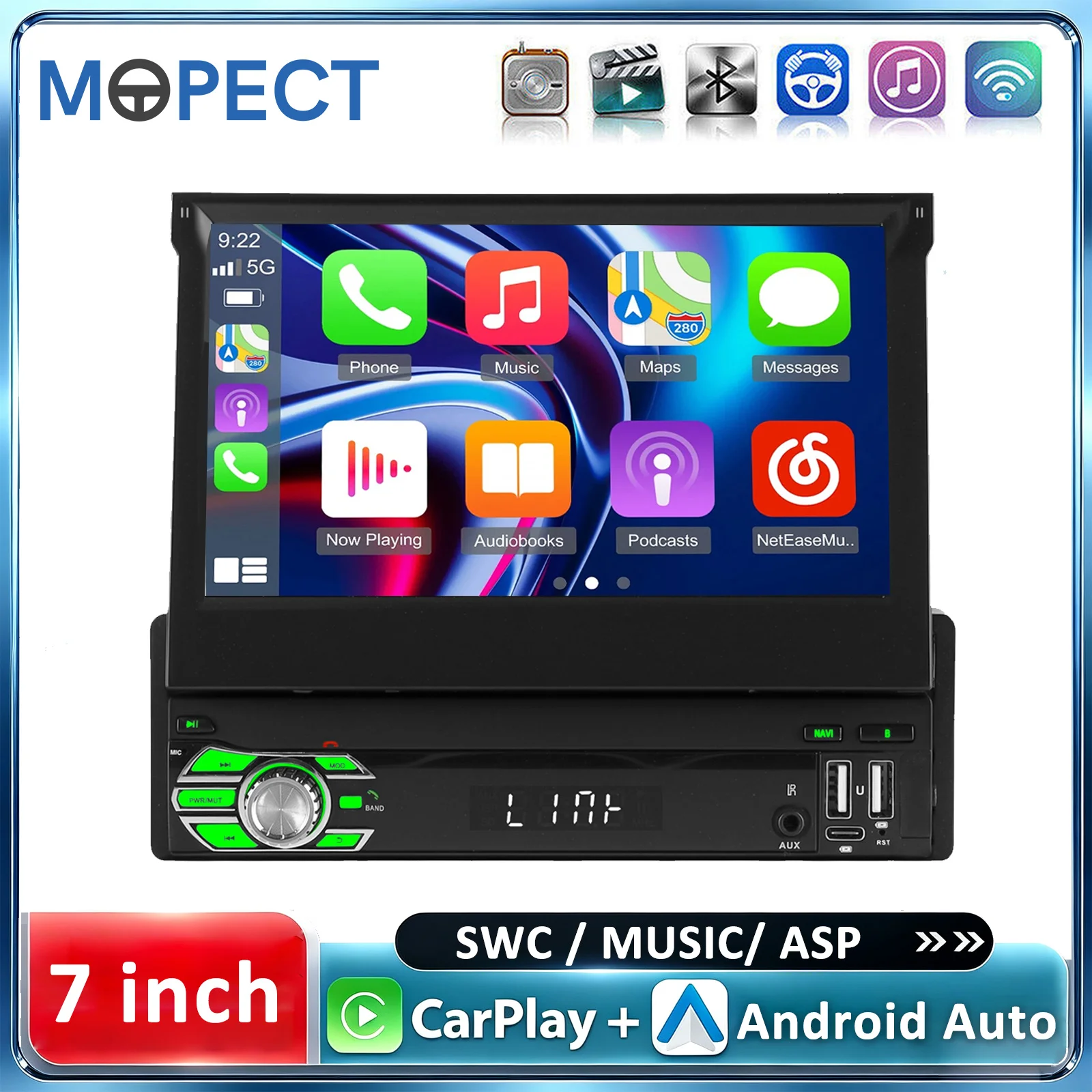 MOPECT 1 DIN Autoradio 7" Ausklappbarer Touchscreen Kabelloses CarPlay Android Auto 4+64GB Android 16 GPS FM RDS WiFi BT SWC MirrorLink AUX USB Rückfahrkamera