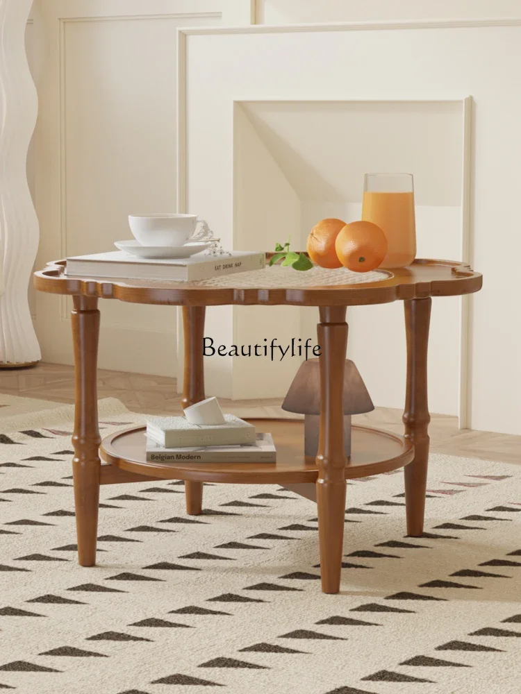 طاولة شاي صغيرة من الخشب الصلب الإبداعي المستدير الفرنسي القديم ذات حافة يابانية وطبقات زجاجية علوية وسفلية