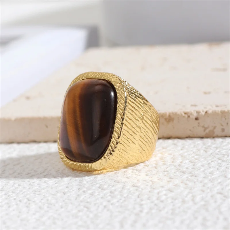 XIALUOKE Fashion New Geometric Square Stone Vintage Ring Chunky Gold Color Trend Personality Jewelry Accessories For Women